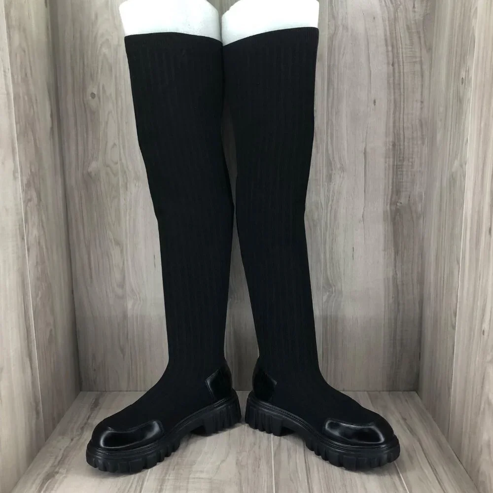 Cuccoo OTK Boots Women's EU 40 Black Sock Chunky Pull On Over The Knee Platform